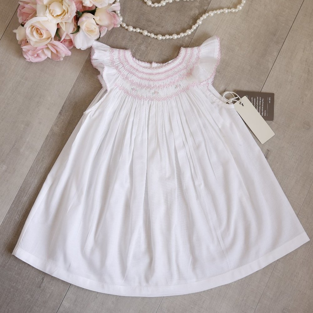 White Smocked Dress and Diaper Cover 100% Cotton Pink Embroidery Boutique NWT
